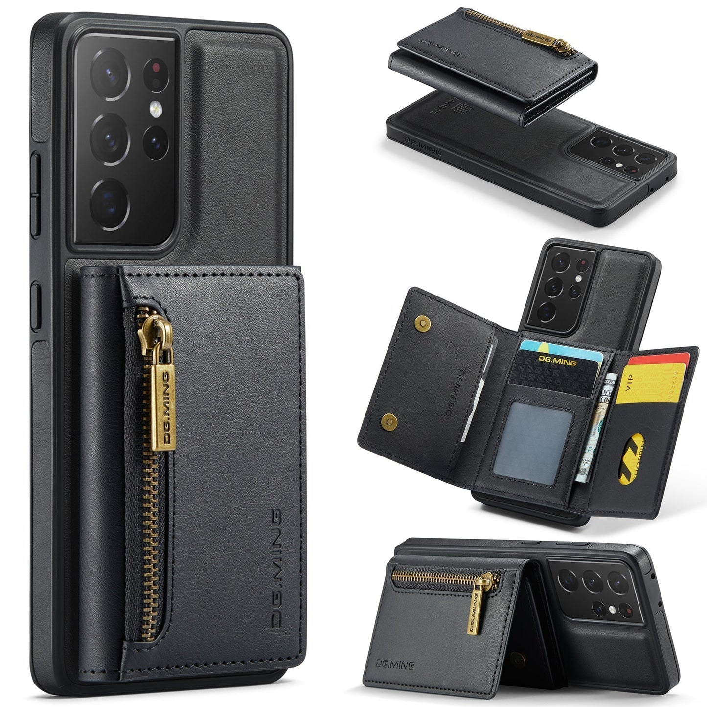 New 2-IN-1 RFID Blocking Zipper Wallet Card Holder Leather Phone Case for Samsung