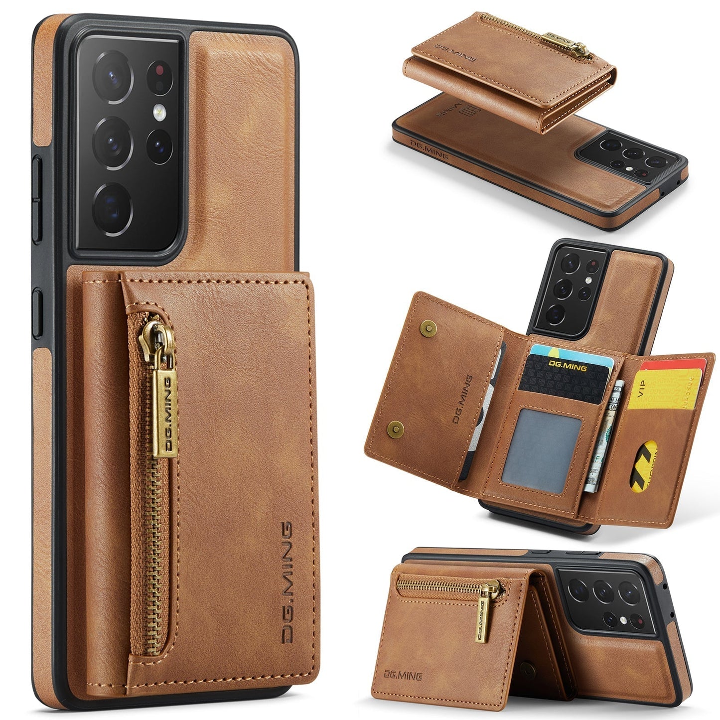 New 2-IN-1 RFID Blocking Zipper Wallet Card Holder Leather Phone Case for Samsung