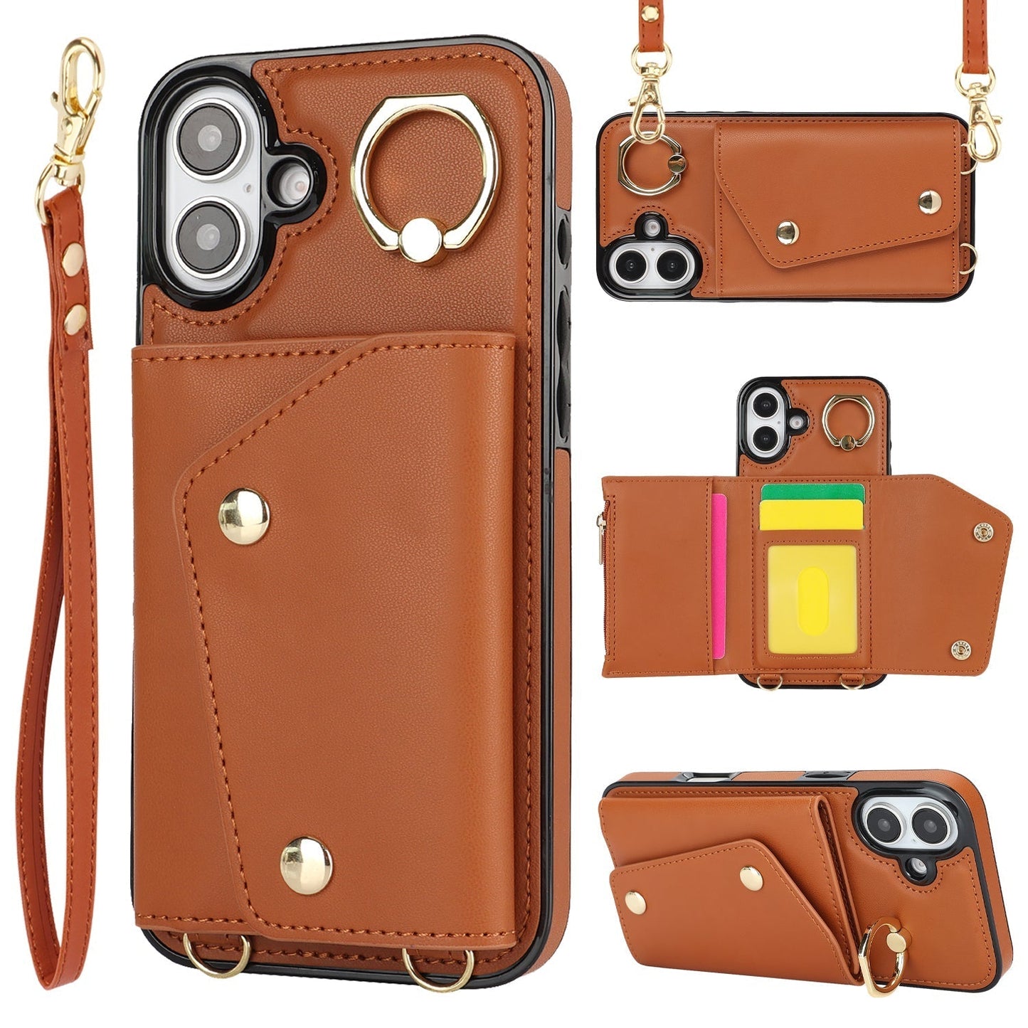 New Crossbody Zipper Wallet with Long and Short Lanyard Leather Phone Case for iPhone
