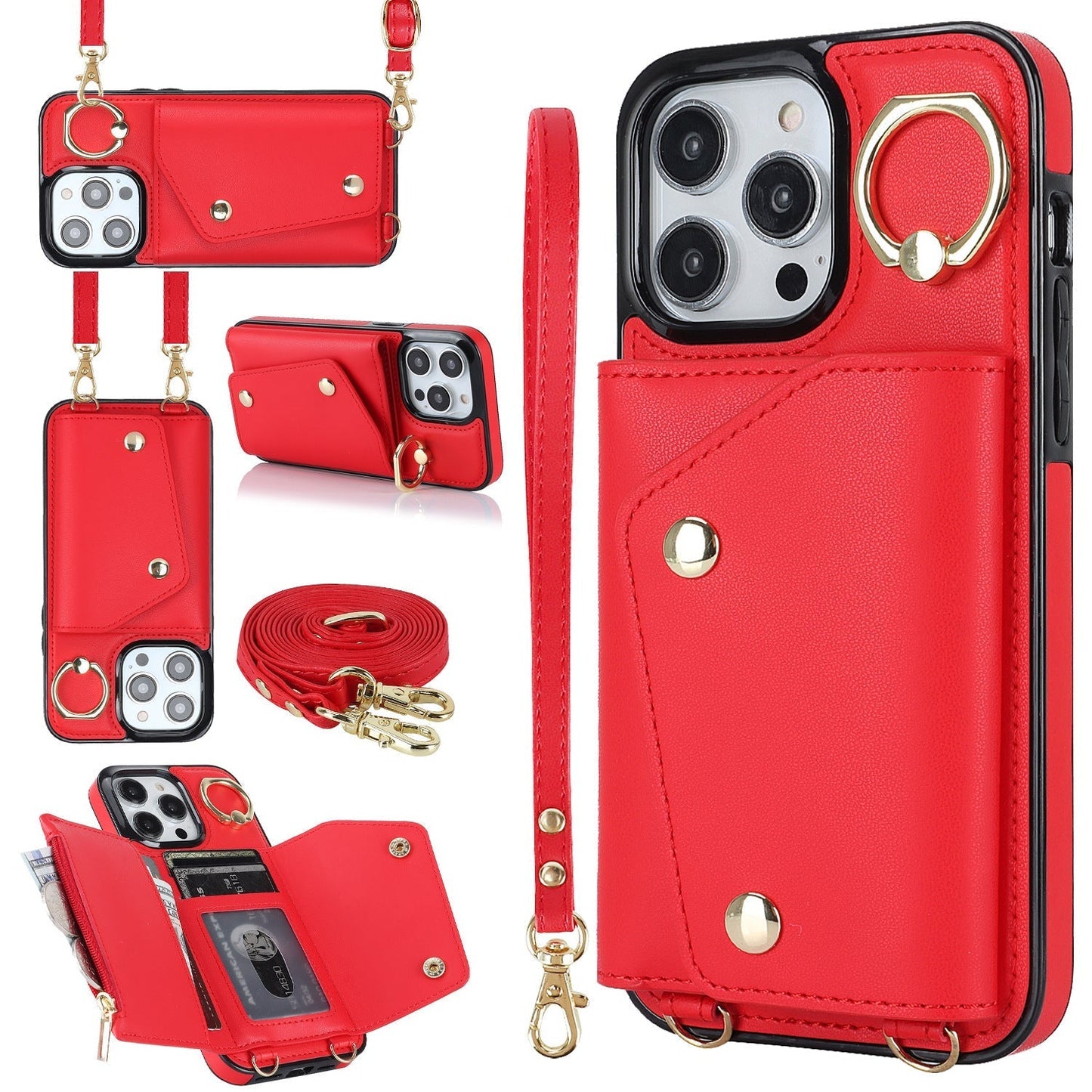 New Crossbody Zipper Wallet with Long and Short Lanyard Leather Phone Case for iPhone