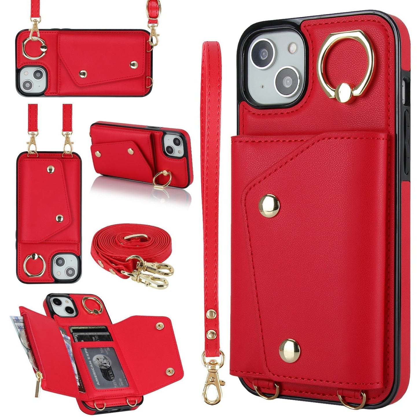 New Crossbody Zipper Wallet with Long and Short Lanyard Leather Phone Case for iPhone