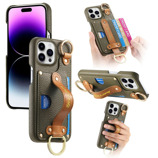 New Litchi Pattern Wristband Ring RFID Blocking Card Holder Phone Case for iPhone