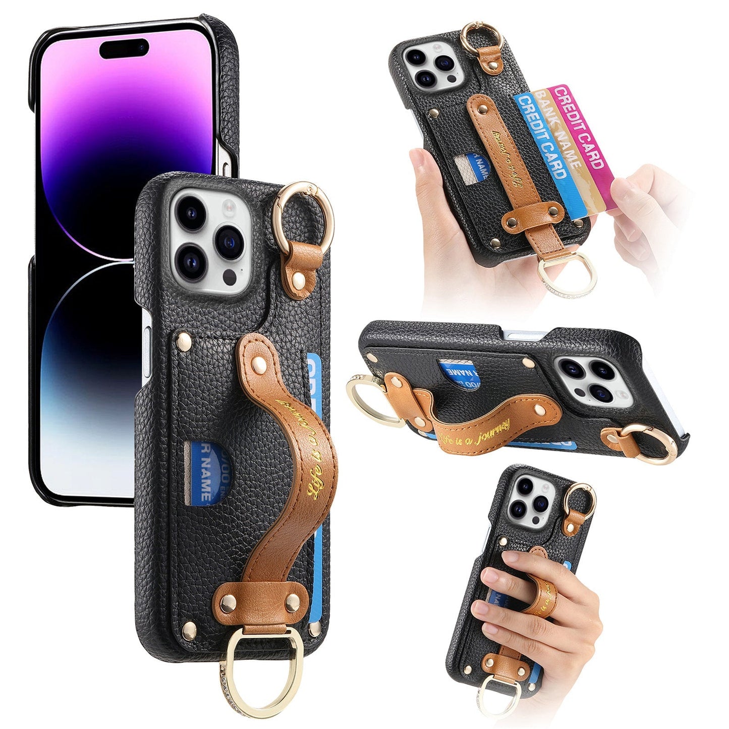 New Litchi Pattern Wristband Ring RFID Blocking Card Holder Phone Case for iPhone