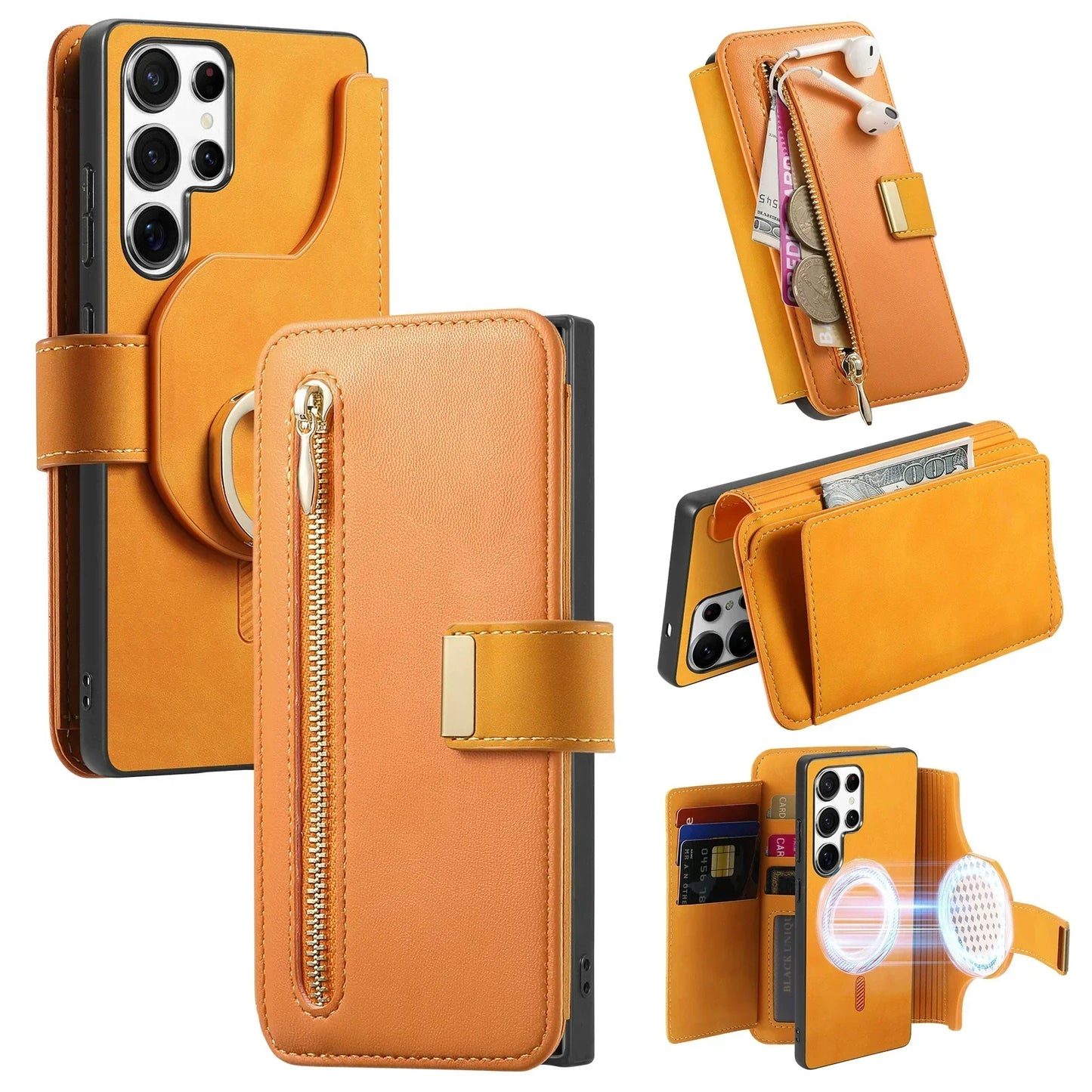 New RFID Blocking Zipper Wallet Magnetic Leather Phone Case for Samsung