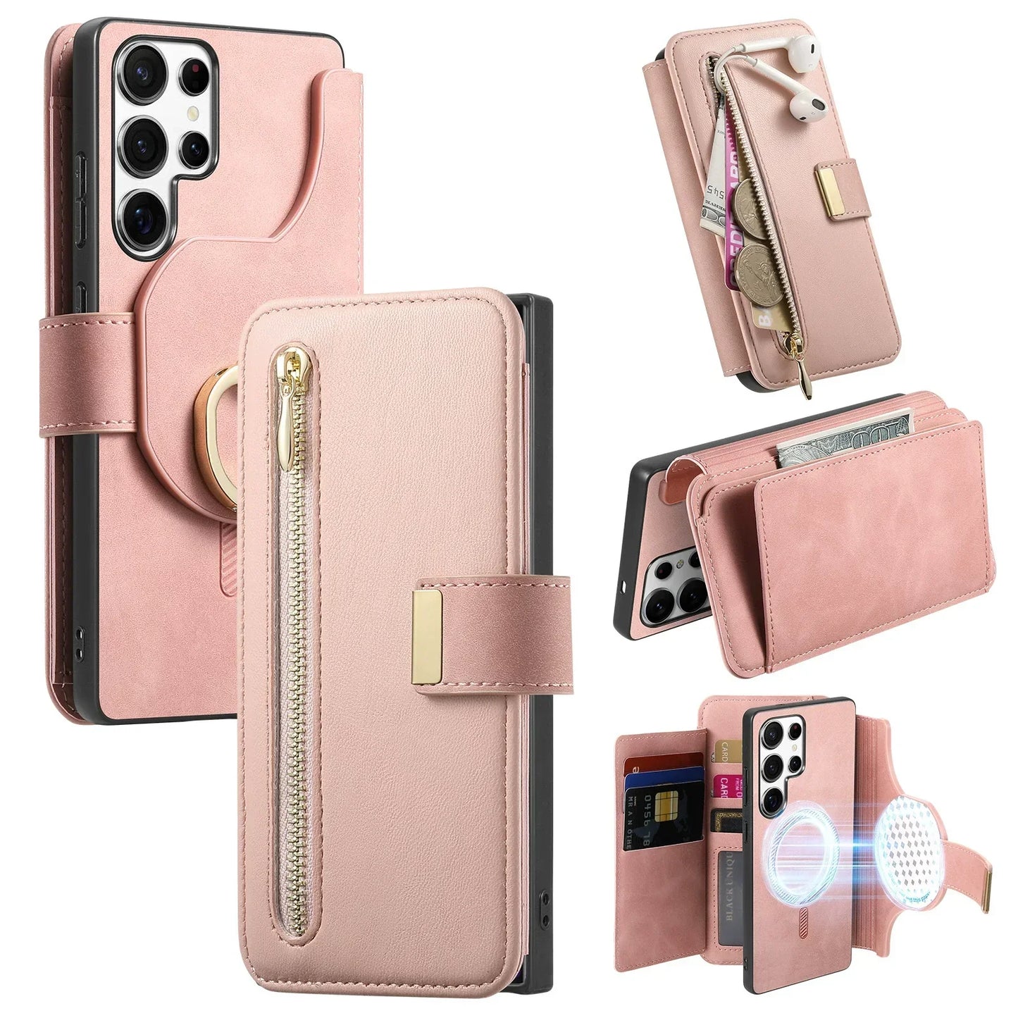 New RFID Blocking Zipper Wallet Magnetic Leather Phone Case for Samsung