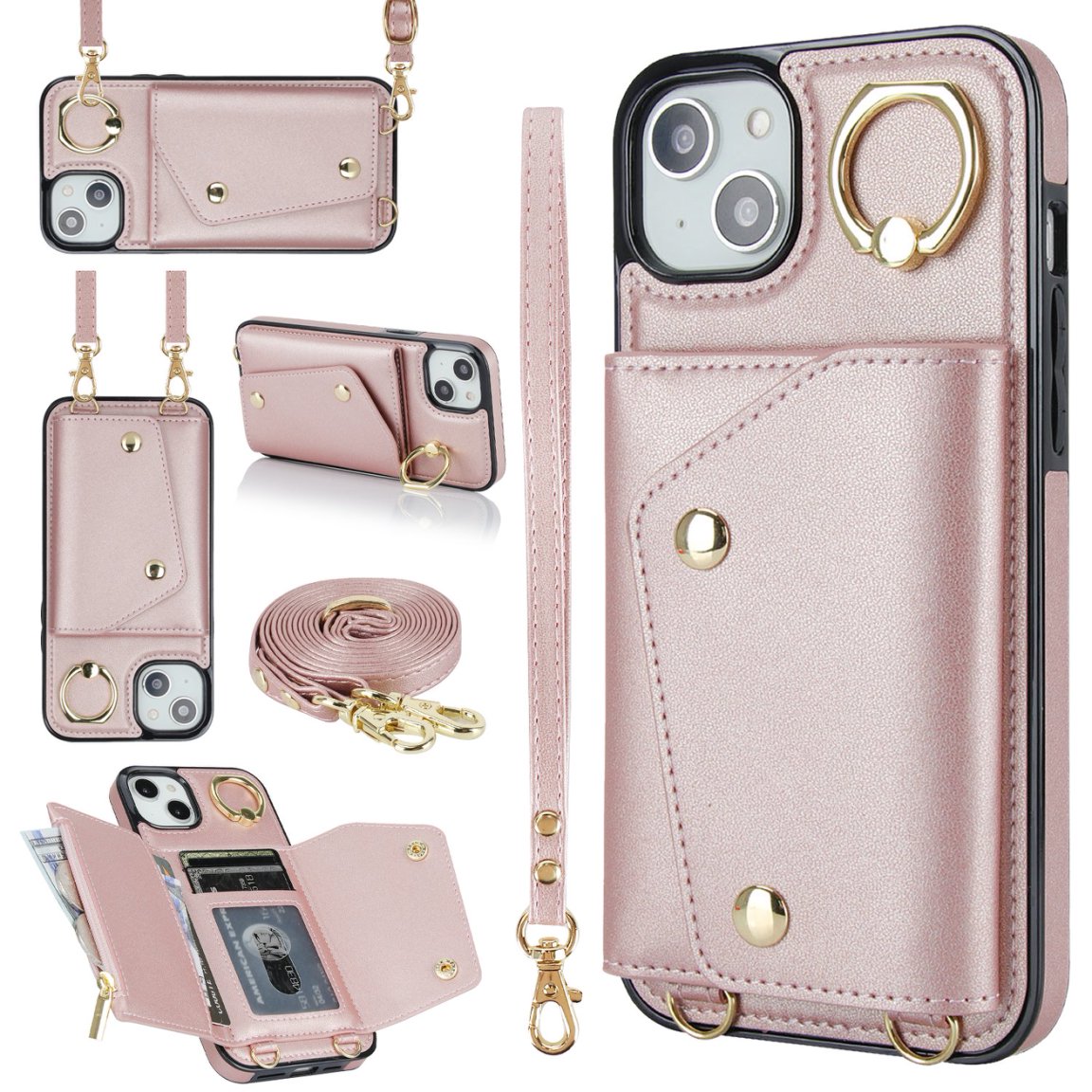 New Crossbody Zipper Wallet with Long and Short Lanyard Leather Phone Case for iPhone