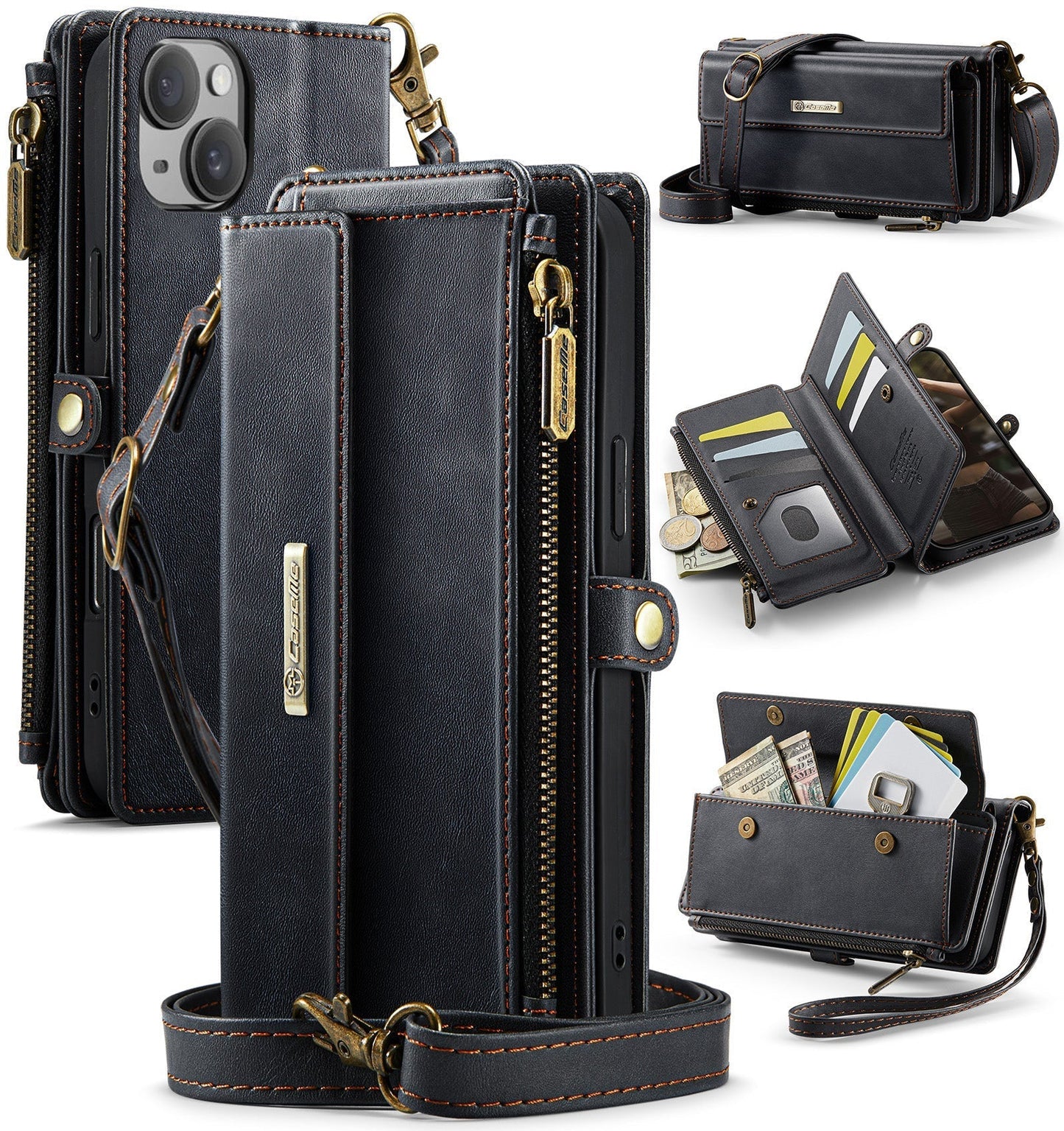 New RFID Blocking Zipper Wallet Supports Wireless Charging with Long and Short Lanyard Leather Phone Case for iPhone