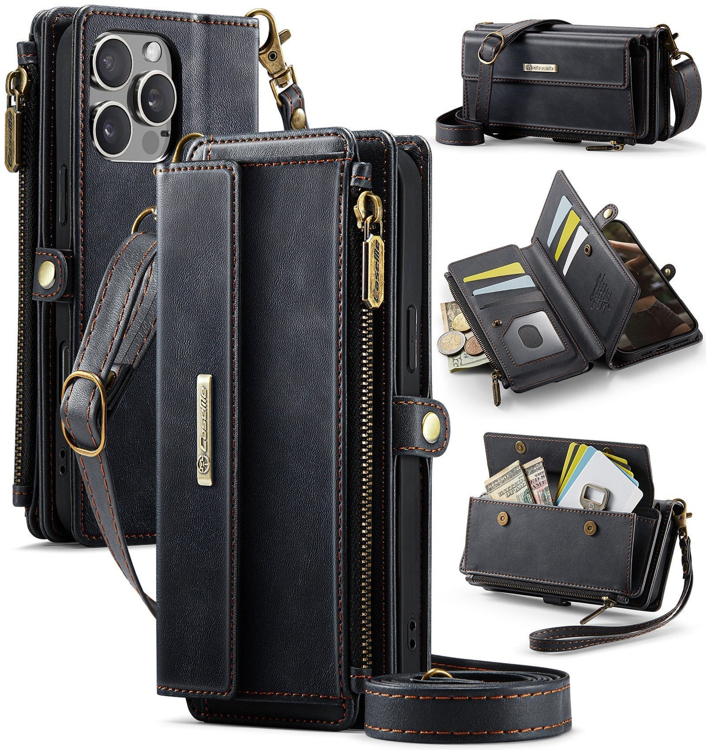 New RFID Blocking Zipper Wallet Supports Wireless Charging with Long and Short Lanyard Leather Phone Case for iPhone