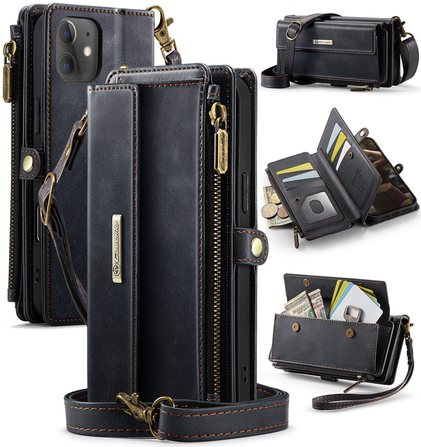 New RFID Blocking Zipper Wallet Supports Wireless Charging with Long and Short Lanyard Leather Phone Case for iPhone