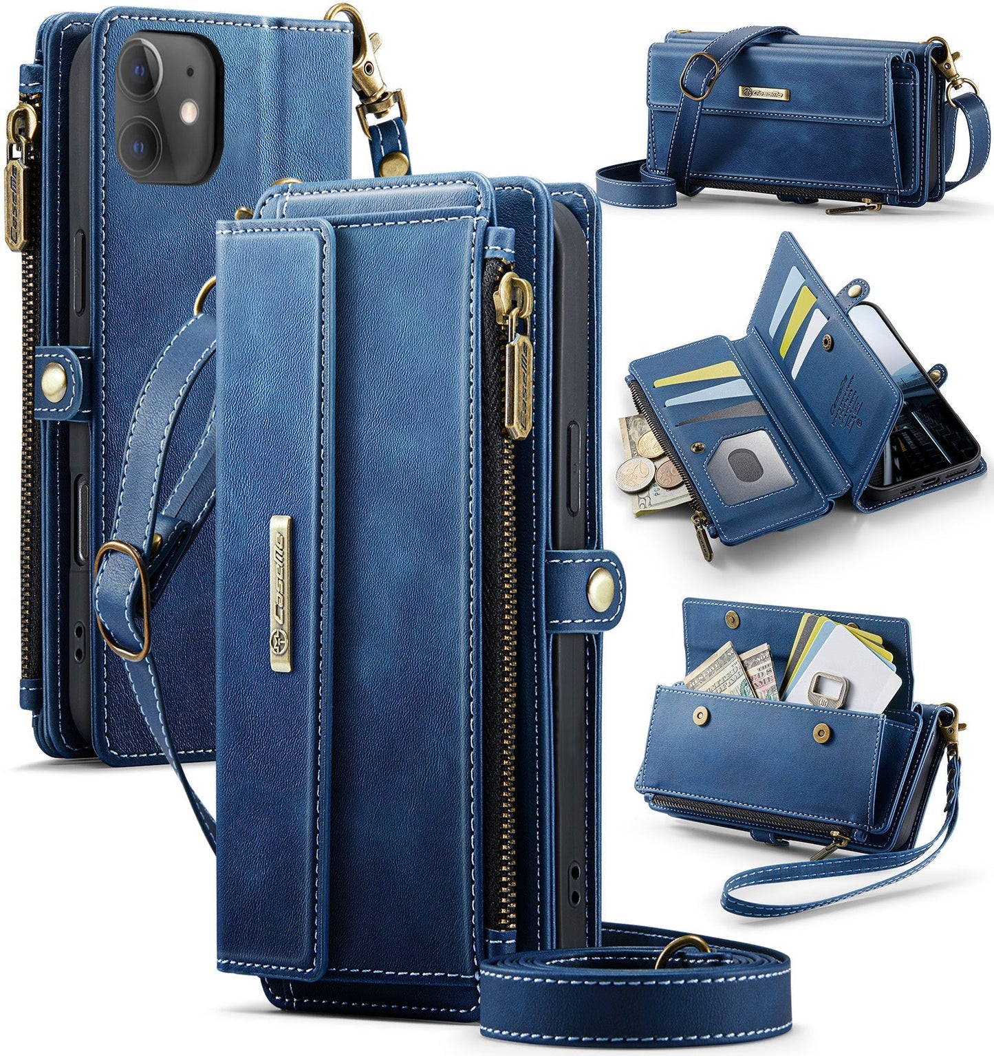 New RFID Blocking Zipper Wallet Supports Wireless Charging with Long and Short Lanyard Leather Phone Case for iPhone