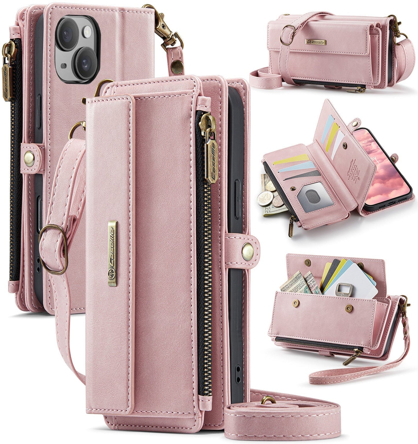 New RFID Blocking Zipper Wallet Supports Wireless Charging with Long and Short Lanyard Leather Phone Case for iPhone